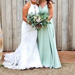 Bridesmaid dress. Dusty sage. Worn once. “A-Line Pleated Chiffon Floor-Length”